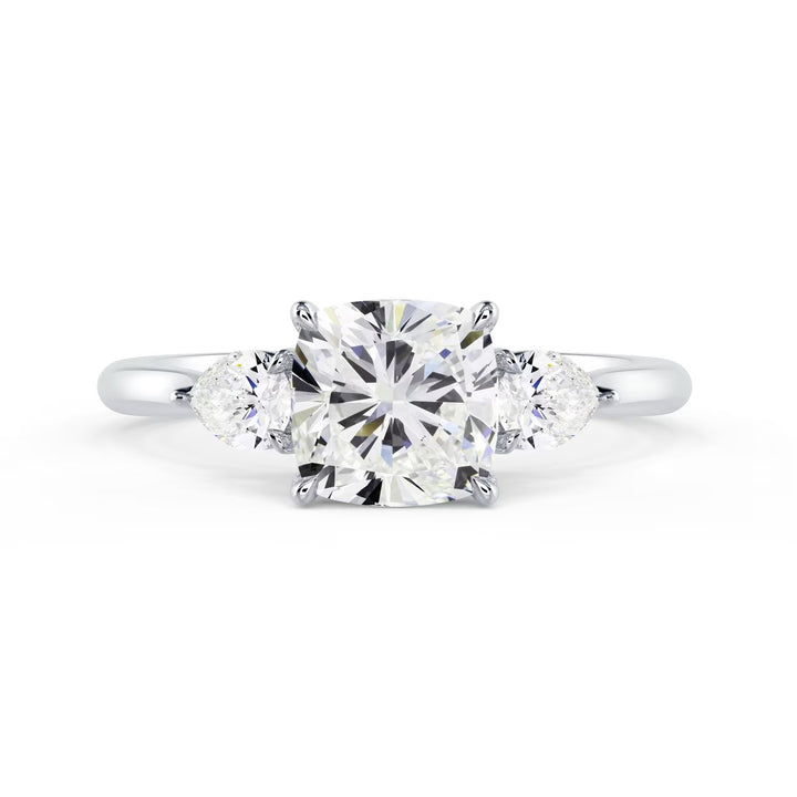1.50CT cushion cut lab grown diamond three stone engagement ring E VS2 front view showing brilliance and symmetry