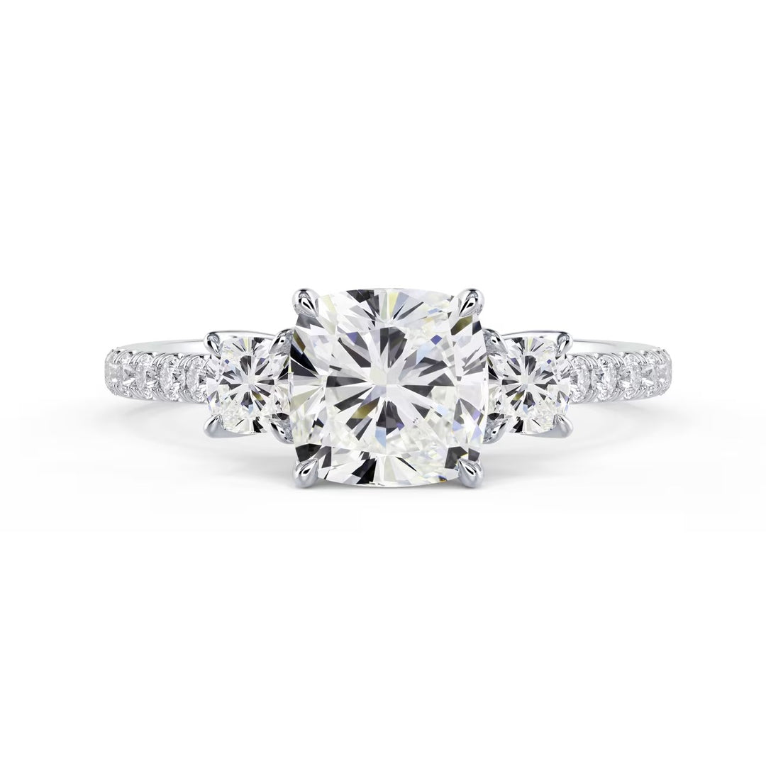 1.5 carat cushion three stone pavé engagement ring E VS1 lab diamond