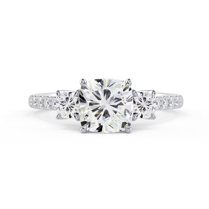 1.5 carat cushion three stone pavé engagement ring E VS1 lab diamond