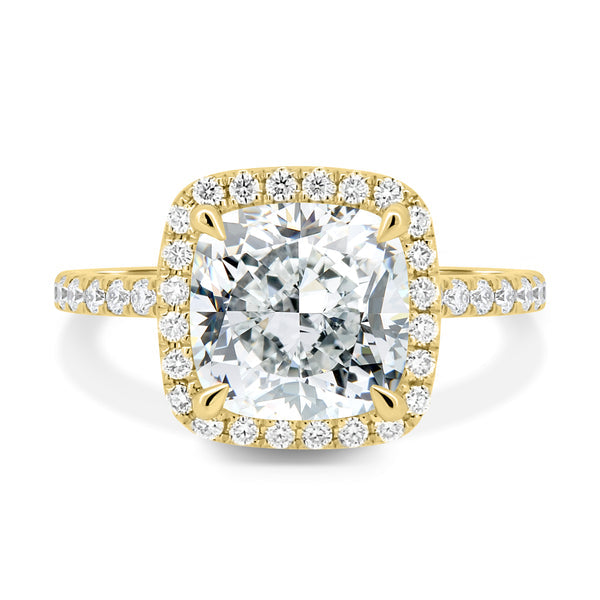 cushion cut halo cathedral pavé lab grown diamond engagement ring 1.5 carat E VS2 USA