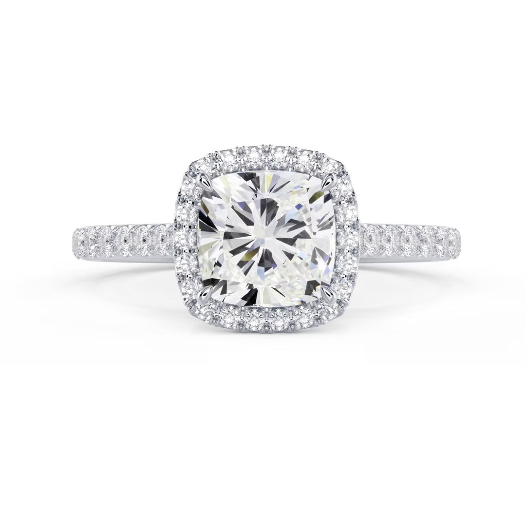 Front view of a 1.50CT cushion cut lab grown diamond halo cathedral pave engagement ring with E VS2 clarity center stone