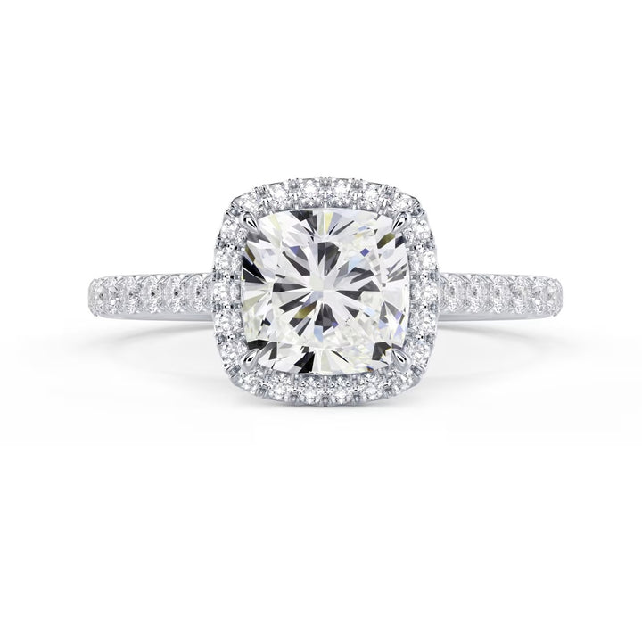 Front view of a 1.50CT cushion cut lab grown diamond halo cathedral pave engagement ring with E VS2 clarity center stone