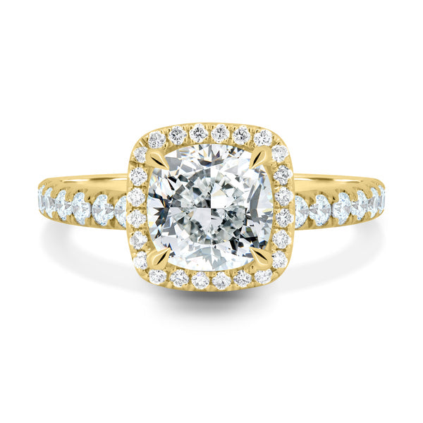 cushion cut halo pavé lab grown diamond engagement ring 1.5 carat E VS2 USA