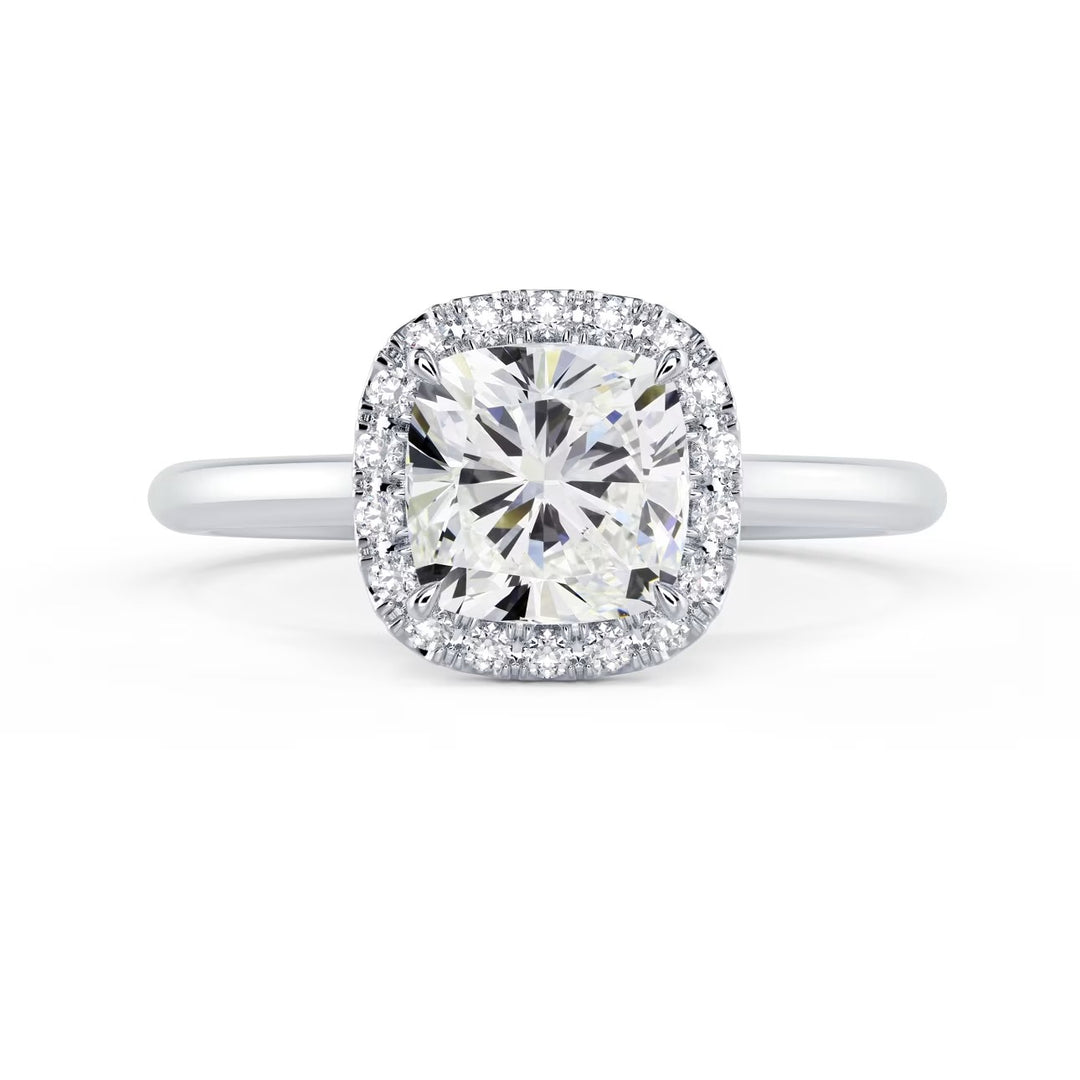 Front view of a 1.50CT cushion cut lab grown diamond halo solitaire engagement ring with E VS1 clarity center stone