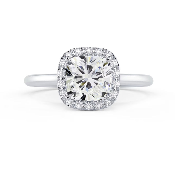 Front view of a 1.50CT cushion cut lab grown diamond halo solitaire engagement ring with E VS1 clarity center stone