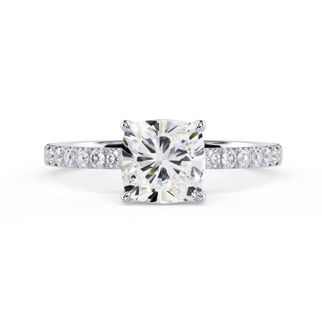 Front view of a 1.50CT cushion cut lab grown diamond pave engagement ring with E VS1 clarity center stone
