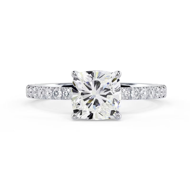 Front view of a 1.50CT cushion cut lab grown diamond pave engagement ring with E VS1 clarity center stone