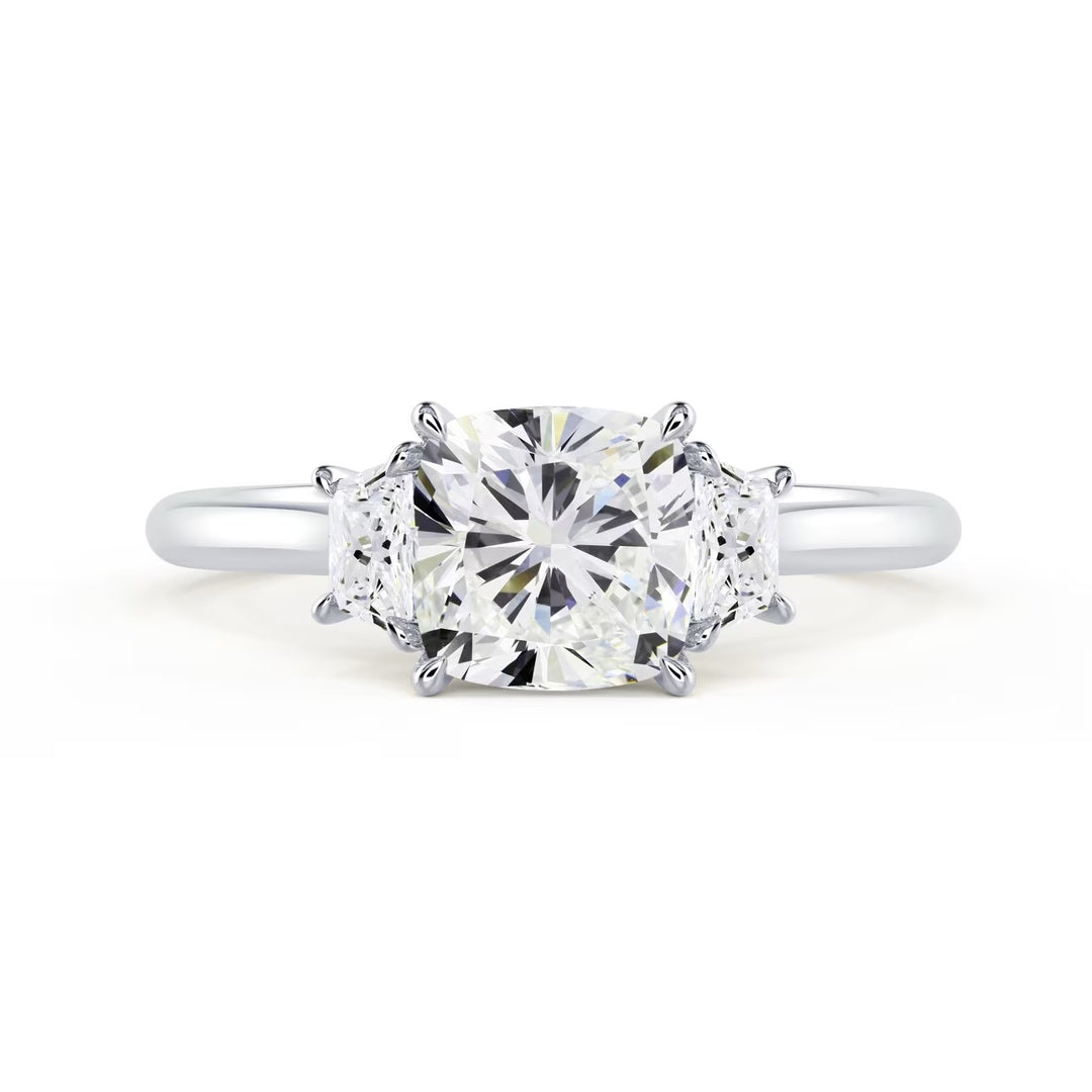 cushion cut lab grown diamond three stone engagement ring 1.5 carat E VS1
