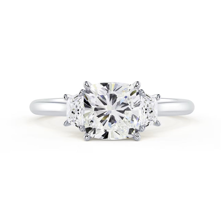 cushion cut lab grown diamond three stone engagement ring 1.5 carat E VS1