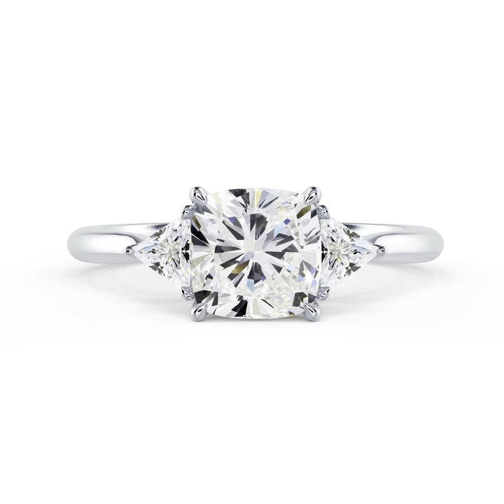 Front view of 1.50CT cushion cut lab grown diamond three stone engagement ring E VS2 showing brilliance and symmetry