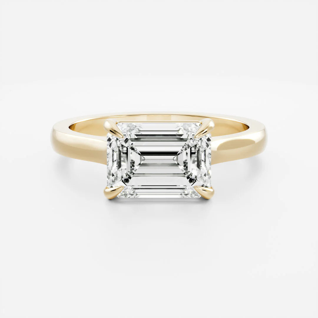 1.5 carat east west emerald cathedral engagement ring lab grown diamond IGI certified