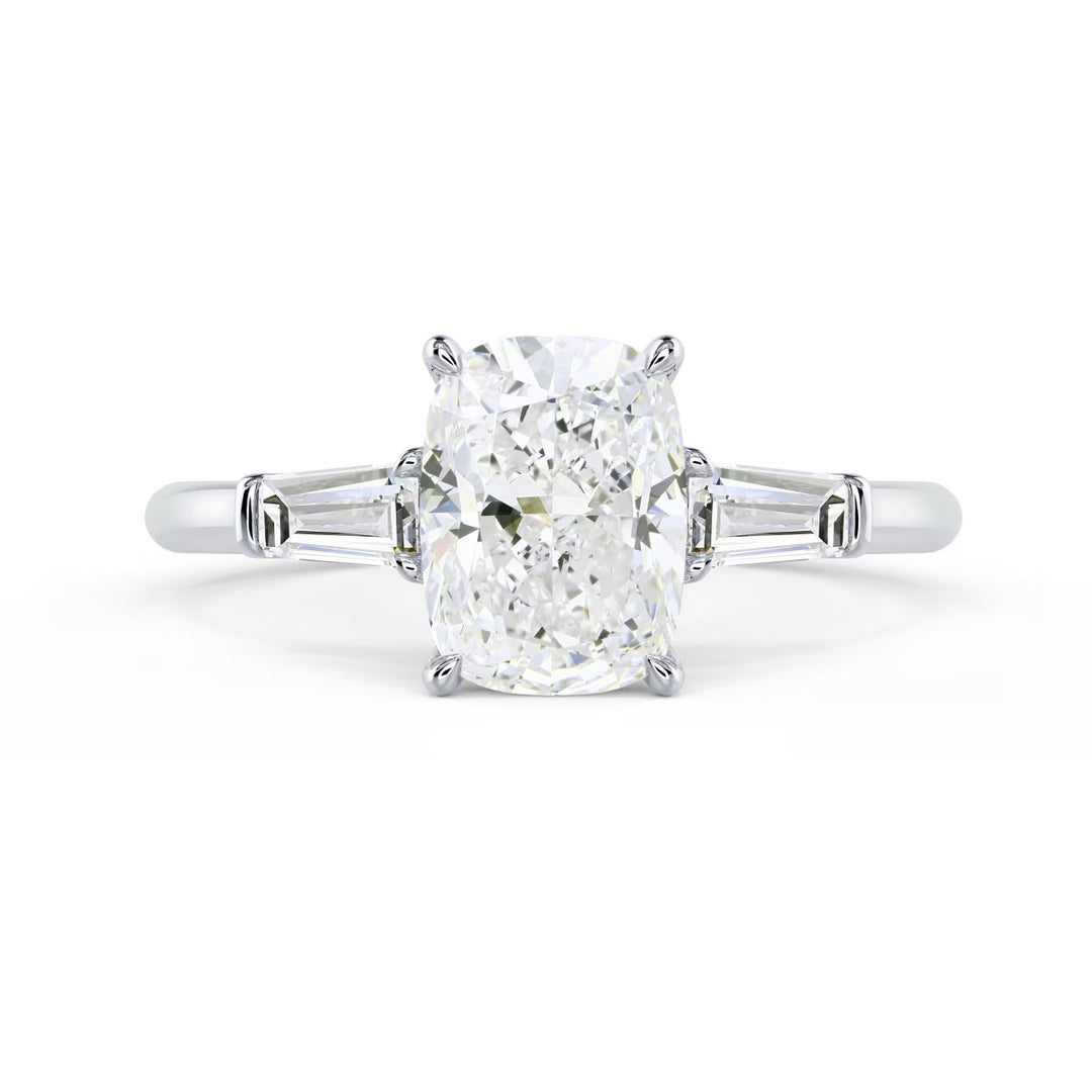 1.5 carat elongated cushion three stone engagement ring E VS1 lab diamond