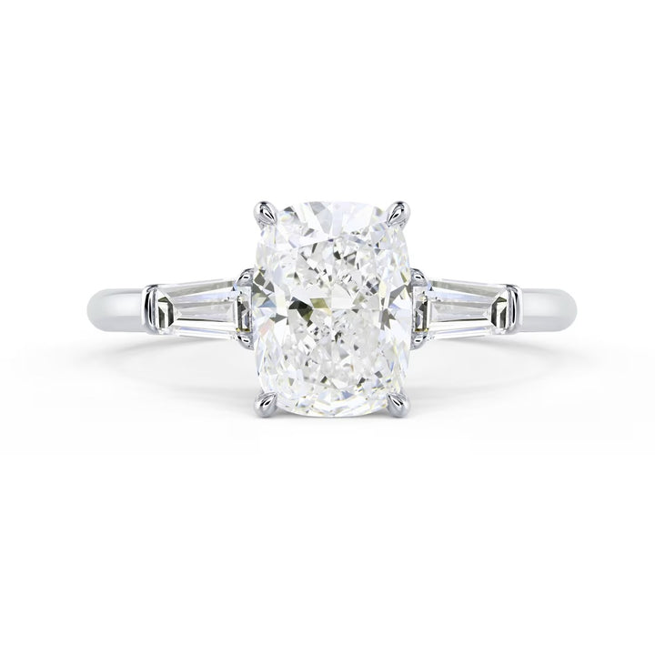 1.5 carat elongated cushion three stone engagement ring E VS1 lab diamond
