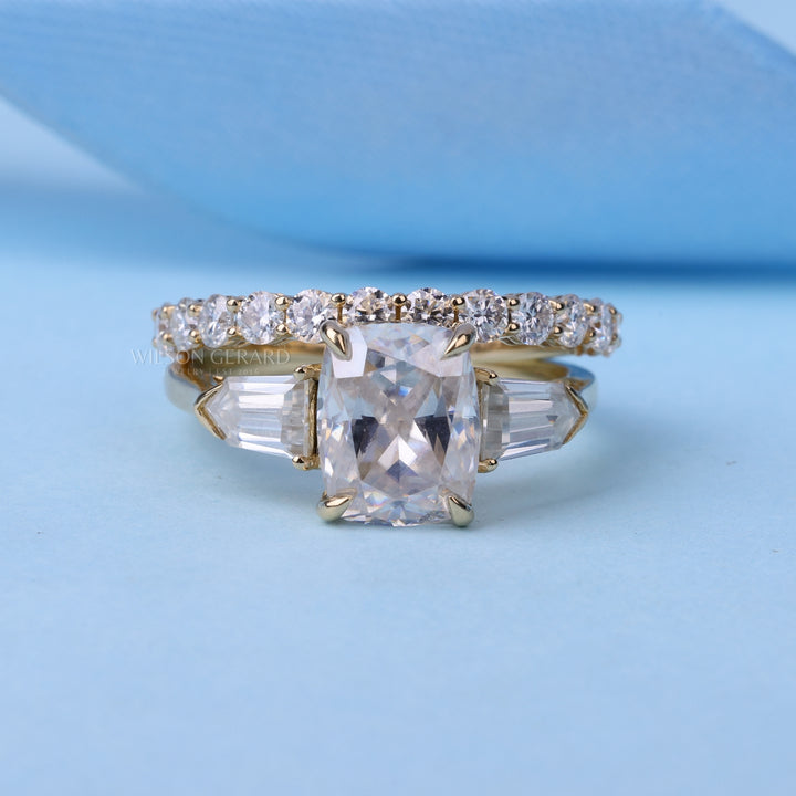Elongated Cushion Lab Grown Diamond Three Stone Engagement Ring With Wedding Band