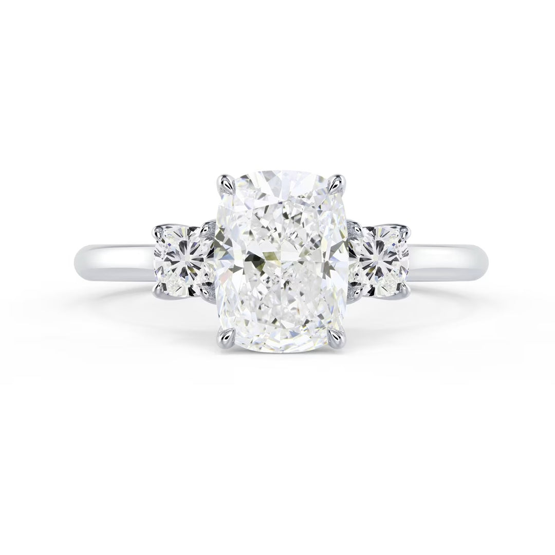 1.5 carat elongated cushion three stone engagement ring E VS1 lab diamond