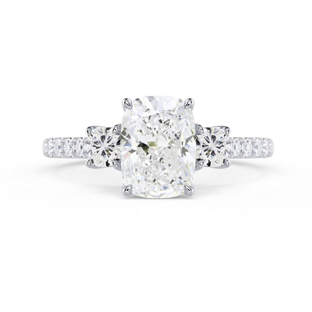 1.5 carat elongated cushion three stone pavé engagement ring lab grown diamond E VS1 USA