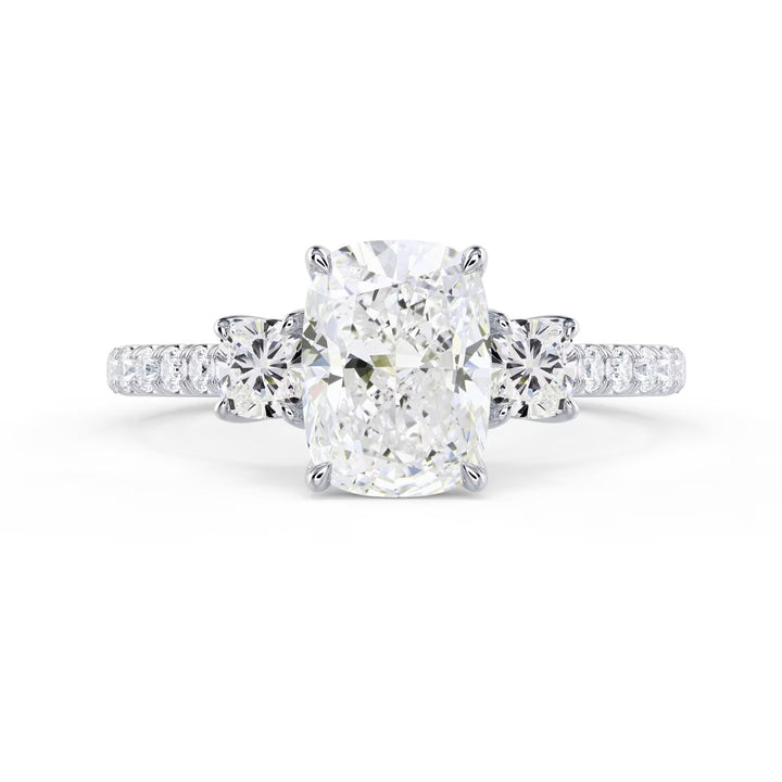 1.5 carat elongated cushion three stone pavé engagement ring lab grown diamond E VS1 USA