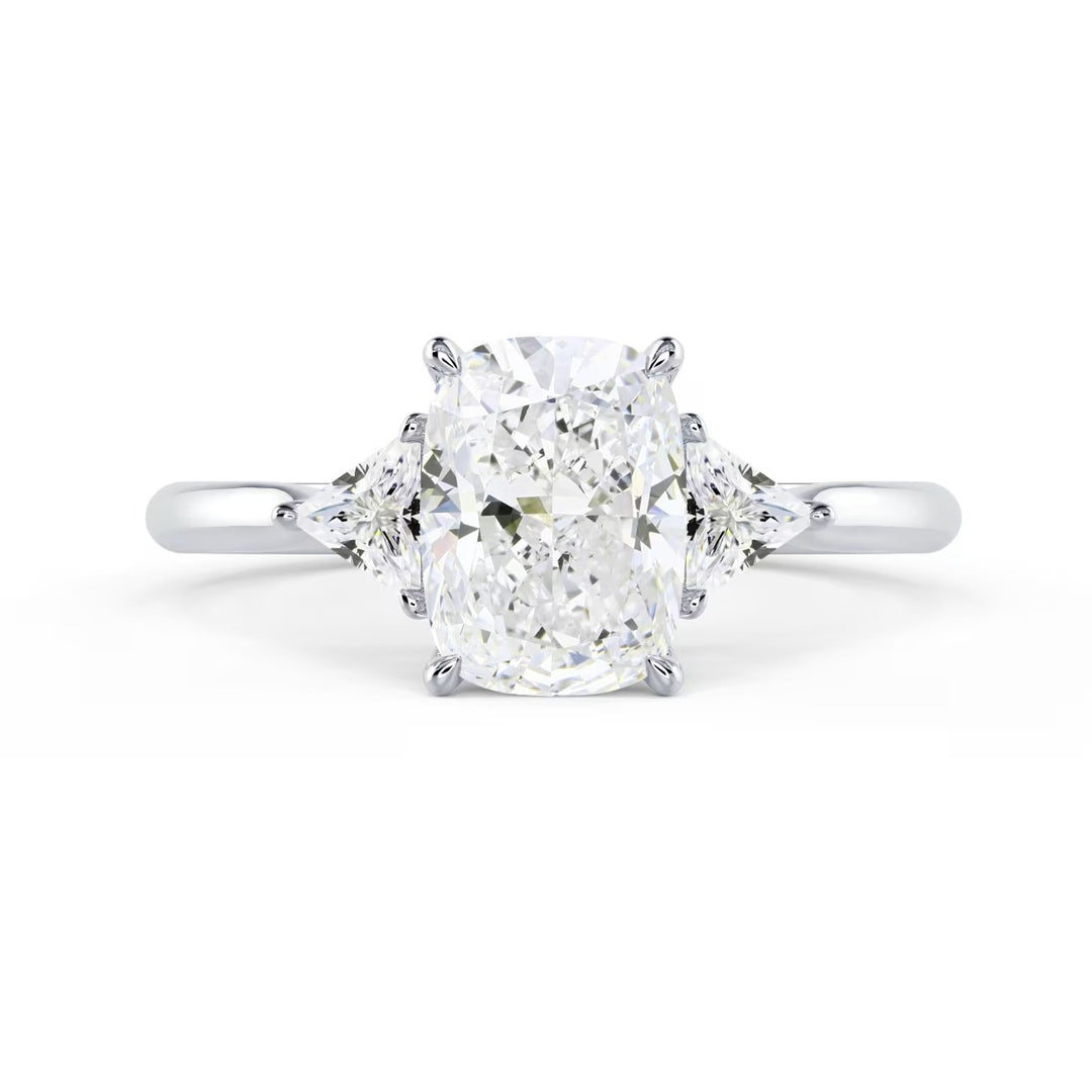 1.5 carat elongated cushion three stone engagement ring E VS2 lab diamond