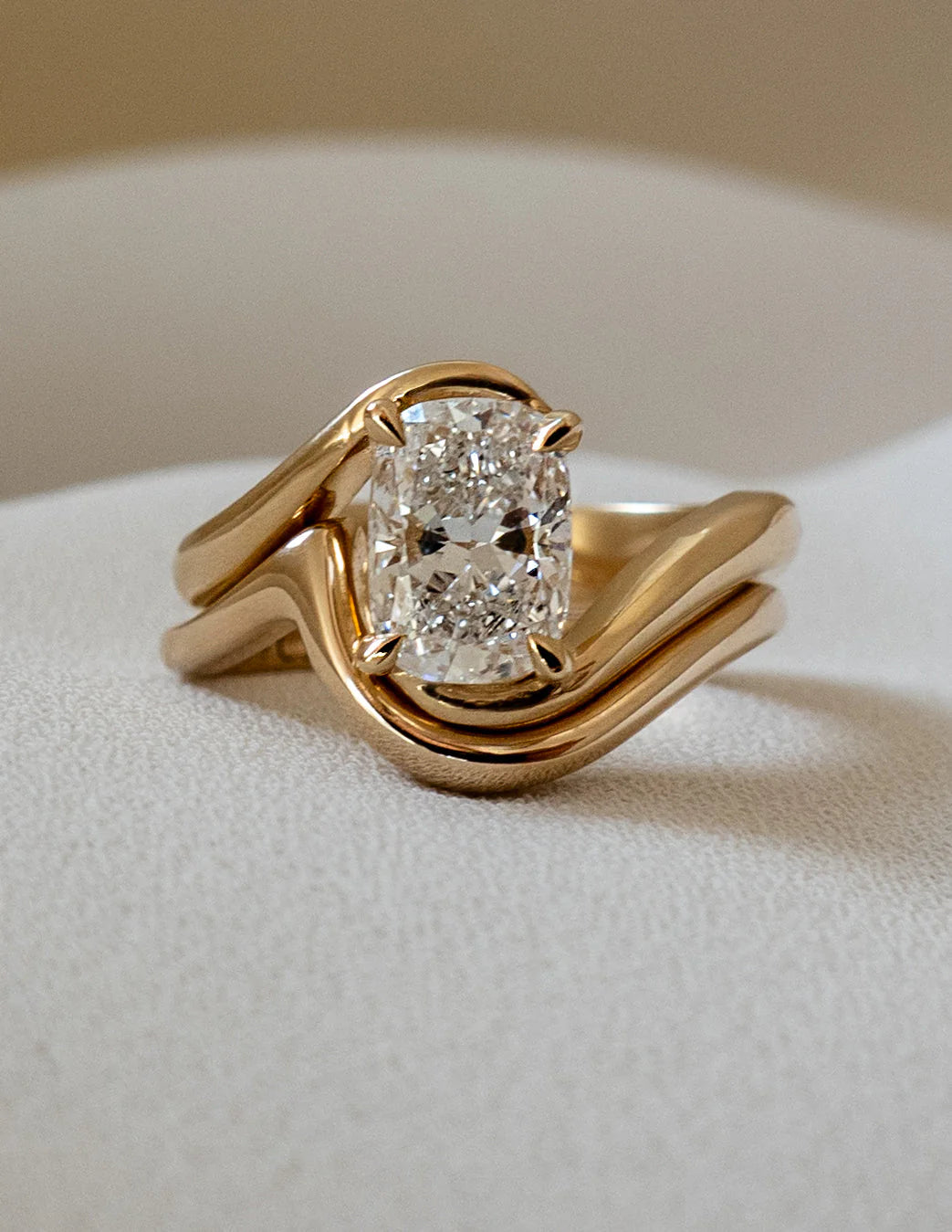 Elongated Cushion CVD Diamond Bypass Engagement Ring With Matching Classic Band