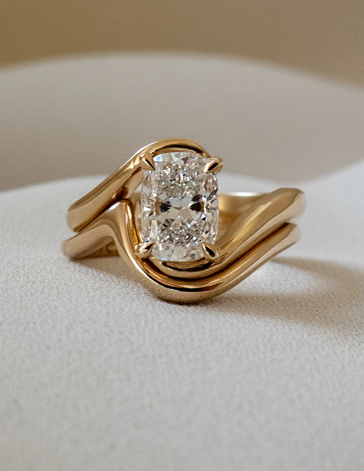 Elongated Cushion CVD Diamond Bypass Engagement Ring With Matching Classic Band