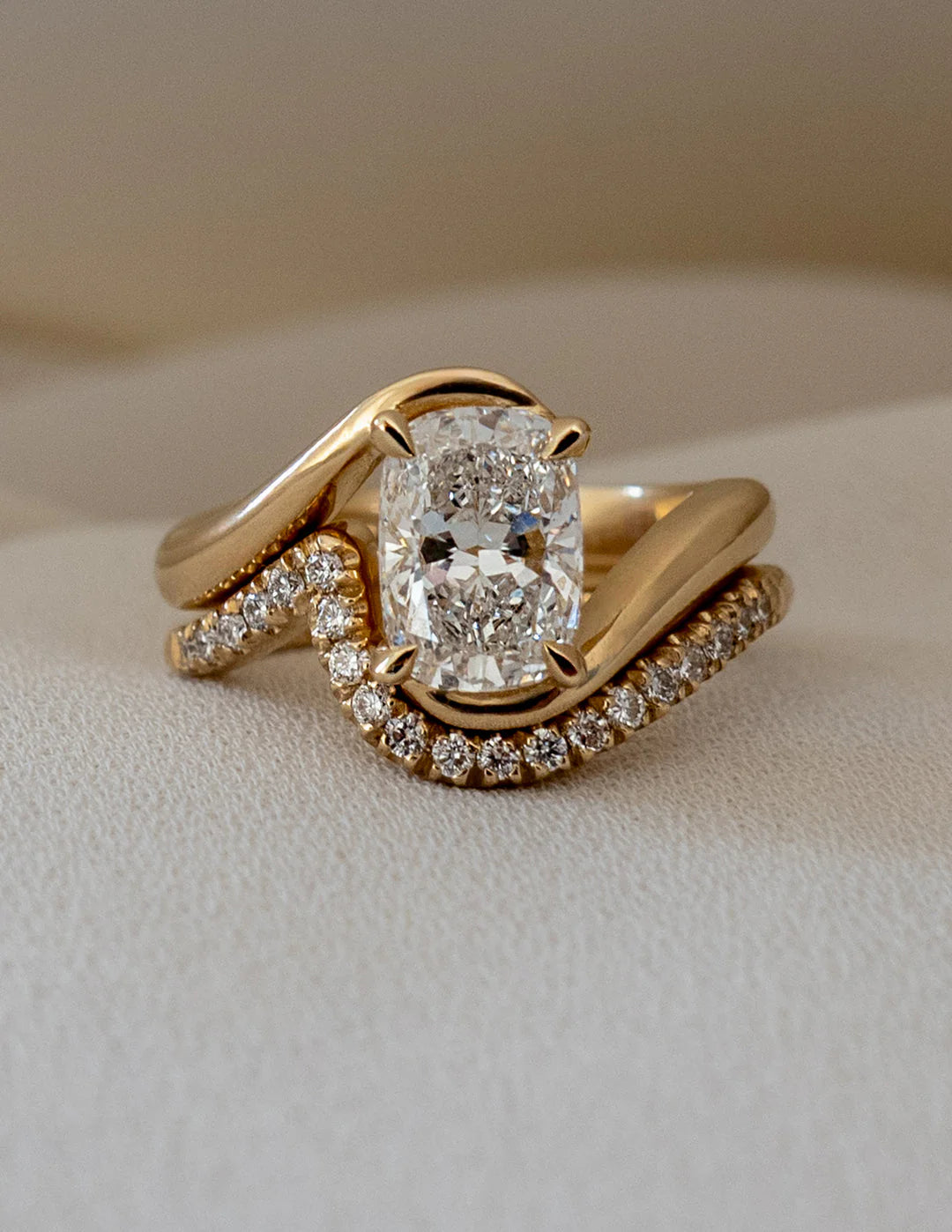 Elongated Cushion Lab Grown Diamond Bypass Engagement Ring With Matching Curved Band