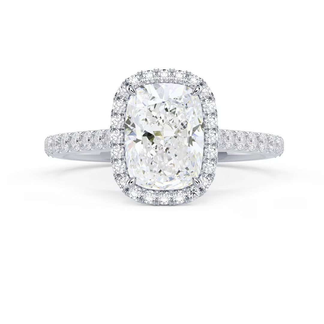 Front view of a 1.50CT elongated cushion lab grown diamond halo cathedral pave engagement ring with E VS2 clarity center stone