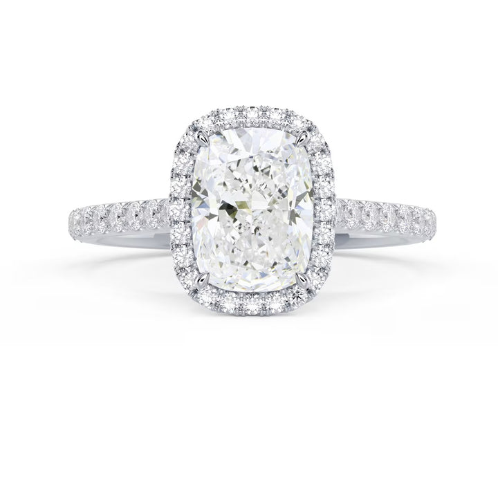 Front view of a 1.50CT elongated cushion lab grown diamond halo cathedral pave engagement ring with E VS2 clarity center stone