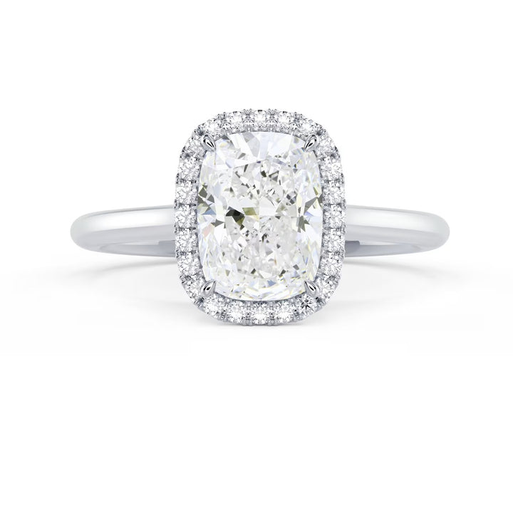 Front view of a 1.50CT elongated cushion lab grown diamond halo solitaire engagement ring with E VS1 clarity center stone