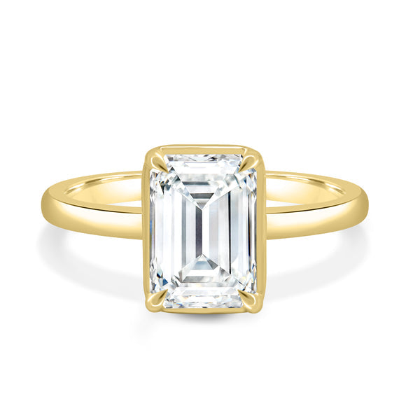 bezel set emerald cut lab grown diamond solitaire engagement ring 1.50 carat E VS1 USA