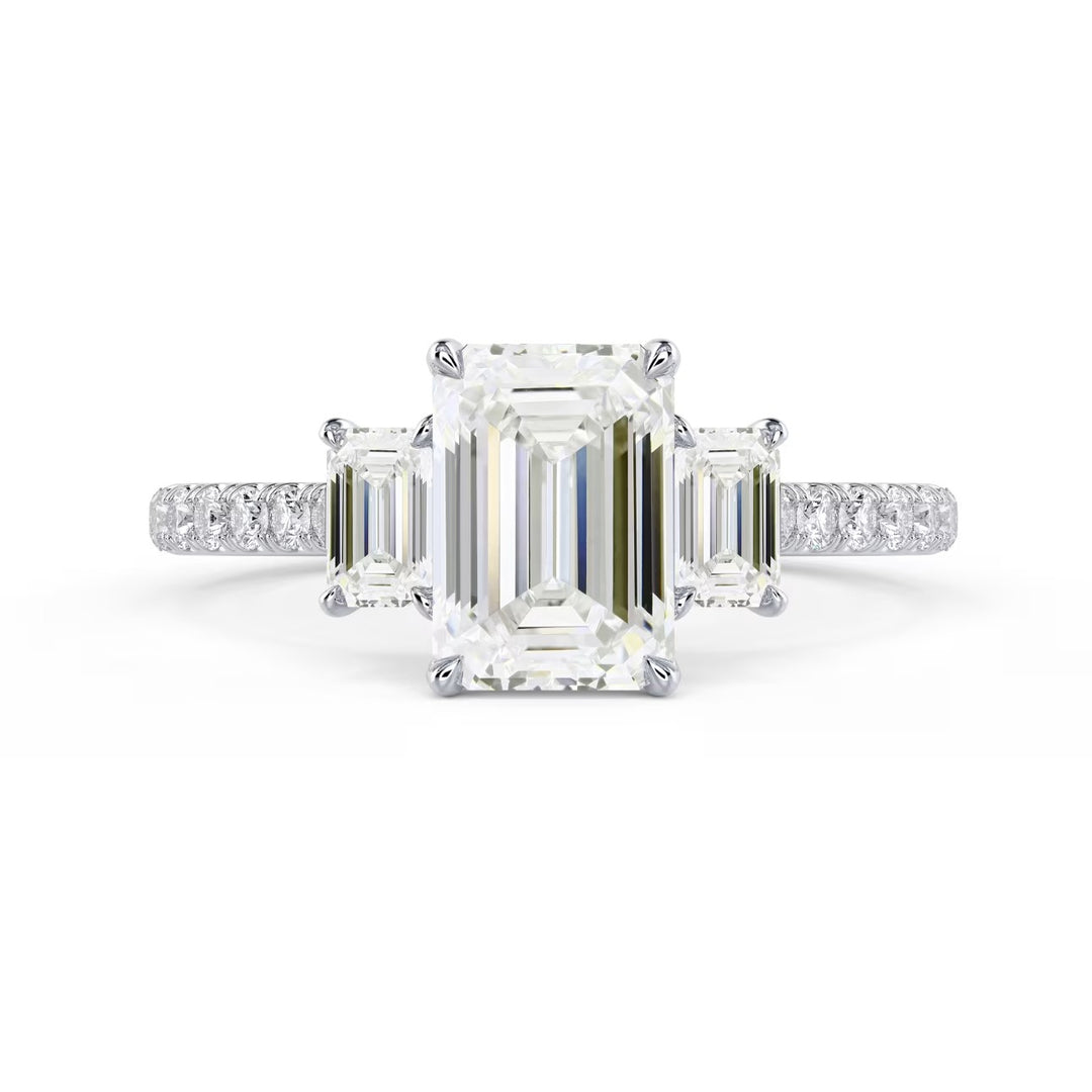 1.5 carat emerald cut three stone pavé engagement ring E VS1 lab diamond