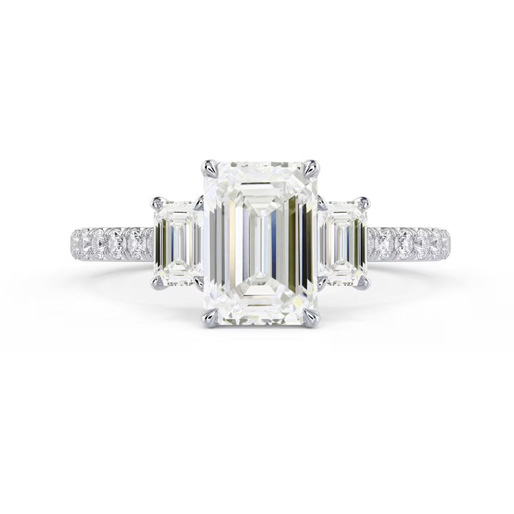1.5 carat emerald cut three stone pavé engagement ring E VS1 lab diamond