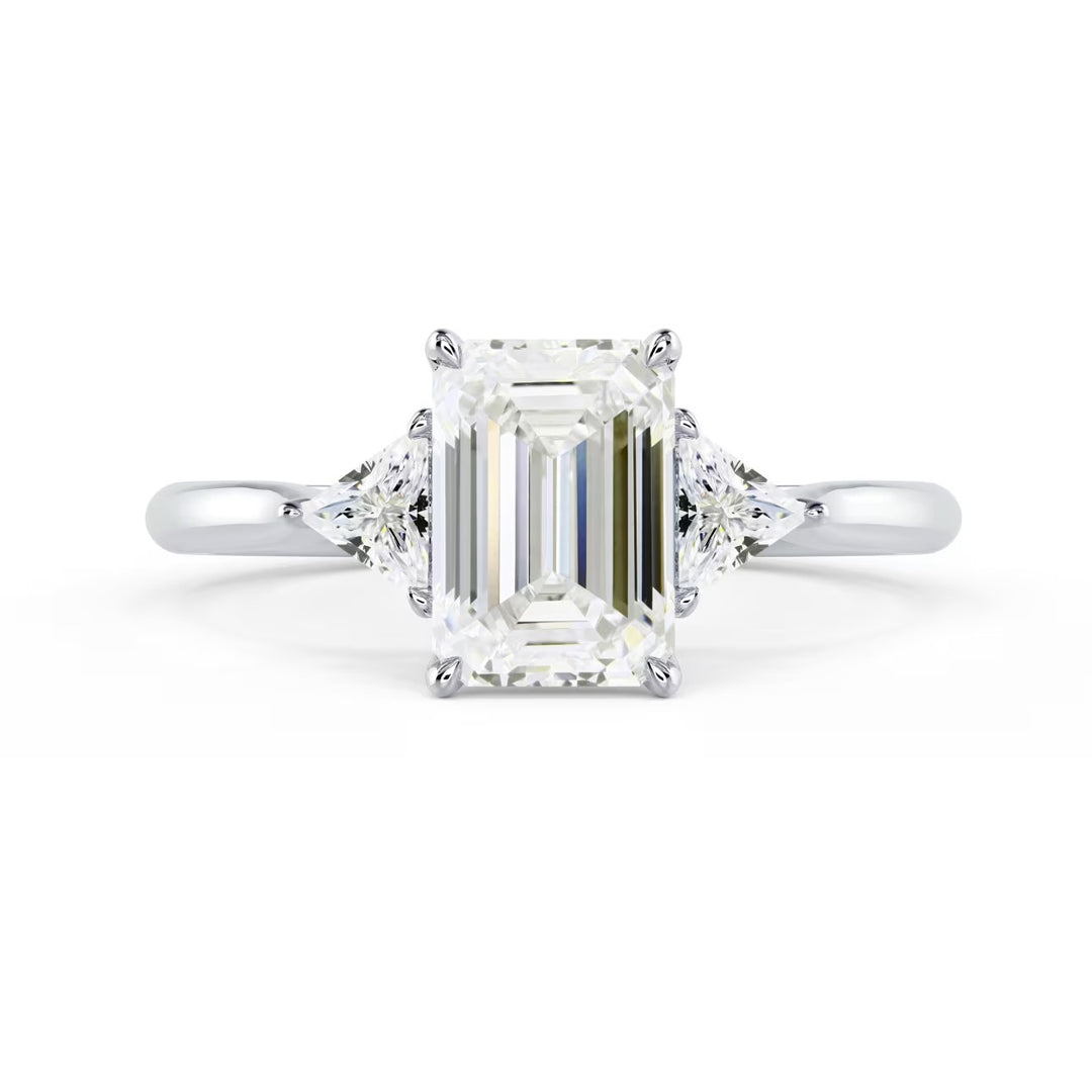 1.5 carat emerald cut three stone engagement ring E VS1 lab grown diamond