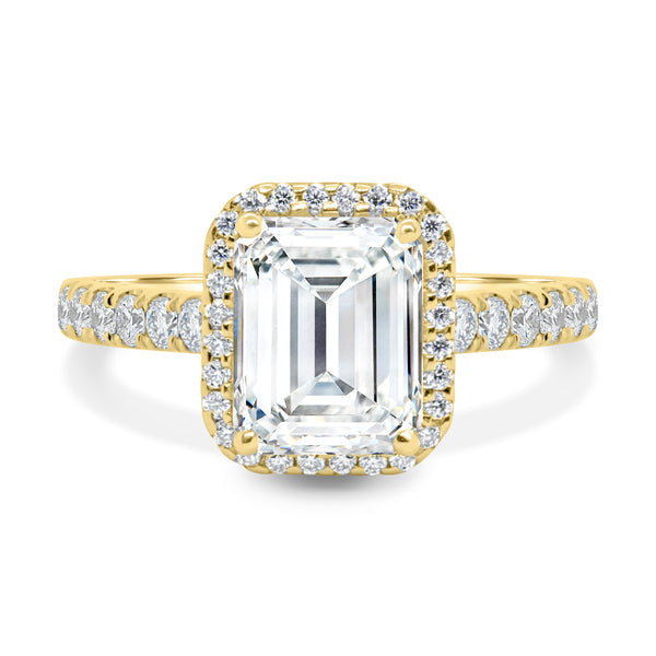 1.5 carat emerald cut halo cathedral pavé engagement ring lab grown diamond E VS2 USA