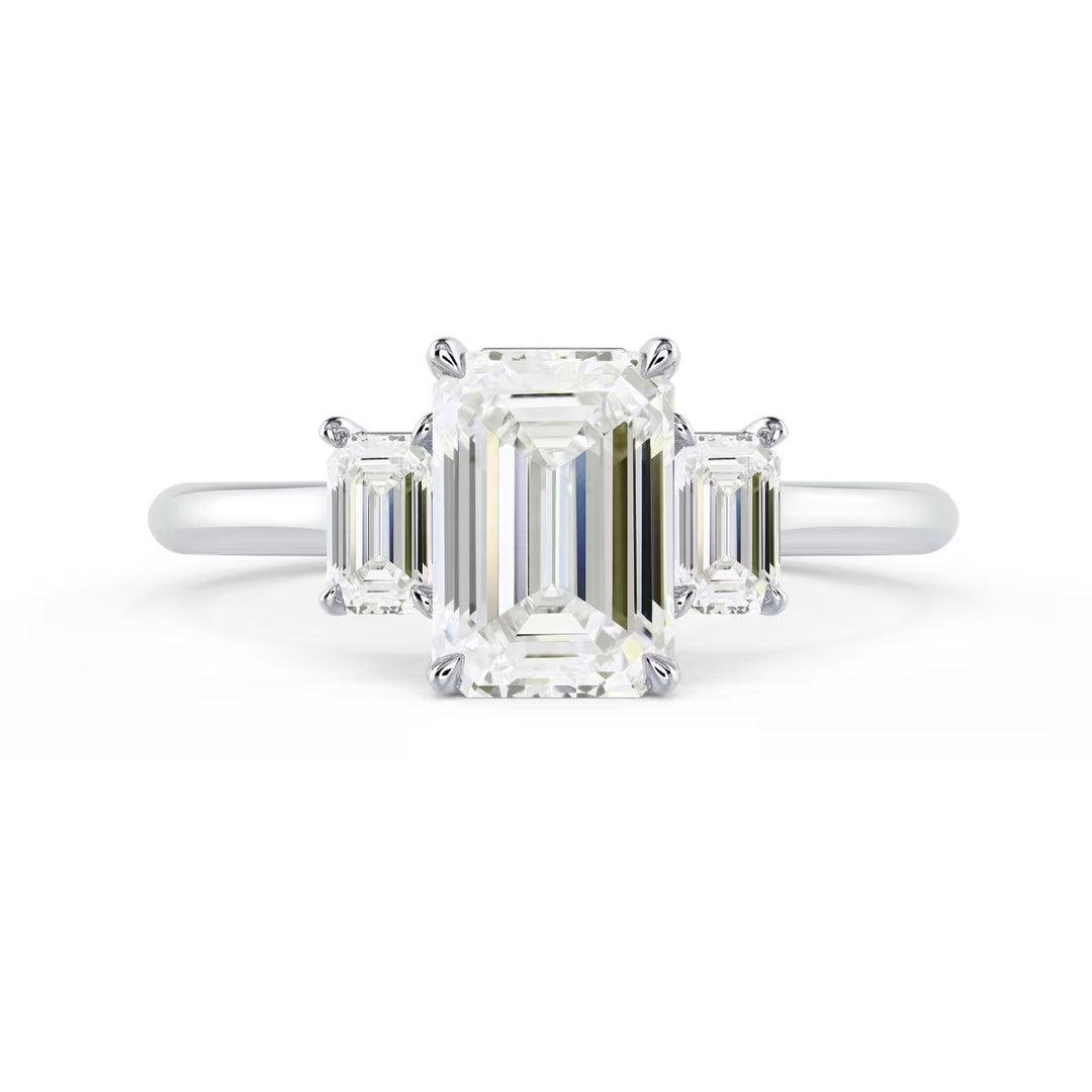 1.5 carat emerald cut three stone engagement ring E VS2 lab grown diamond