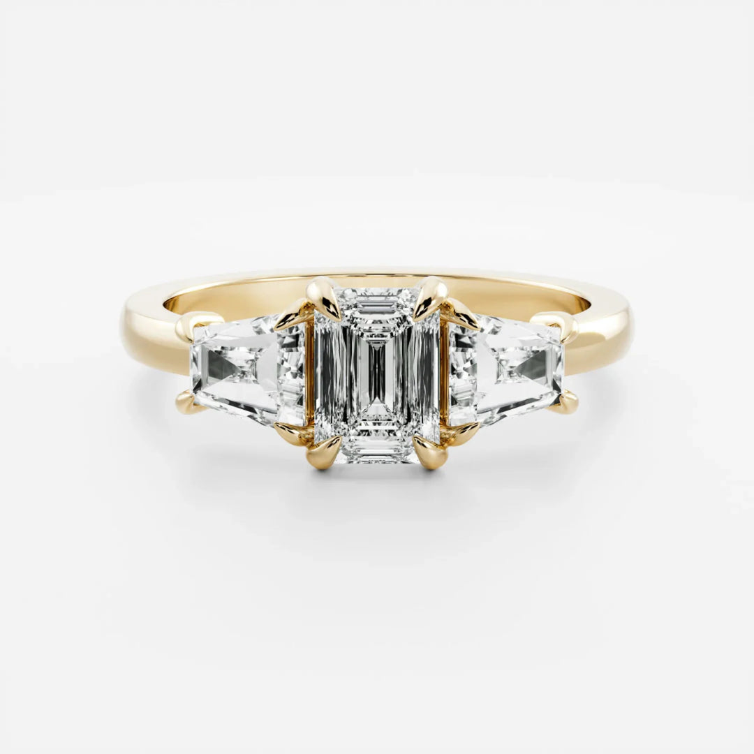 1.5 carat emerald cut three stone engagement ring lab grown diamond IGI certified CVD