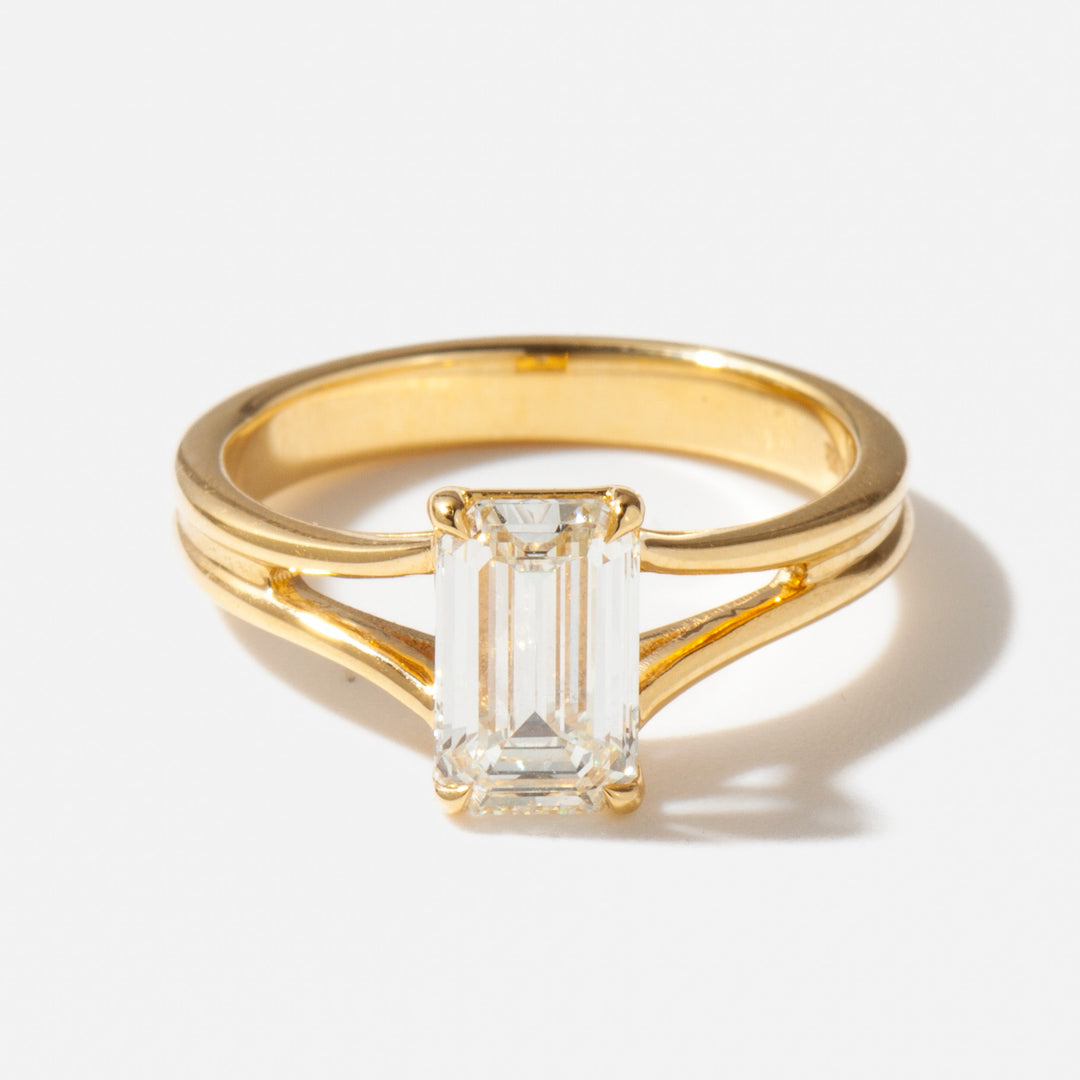 1.5 carat emerald cut lab grown diamond split shank solitaire engagement ring
