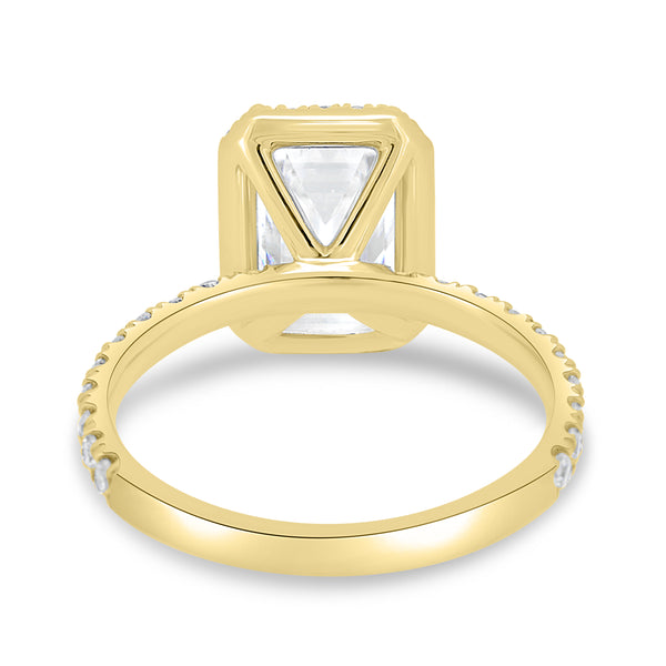 1.50 carat emerald lab grown diamond halo pavé engagement ring crafted in polished gold with modern appeal