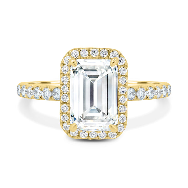 emerald cut halo pavé lab grown diamond engagement ring 1.50 carat E VS2 USA