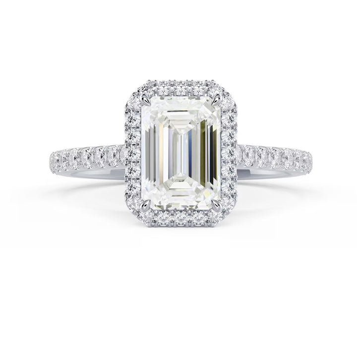 Front view of a 1.50CT emerald cut lab grown diamond halo cathedral pave engagement ring with E VS2 clarity center stone