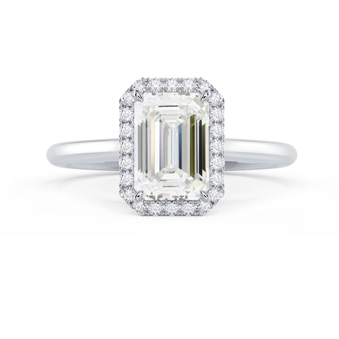 Front view of a 1.50CT emerald cut lab grown diamond halo solitaire engagement ring with E VS1 clarity center stone