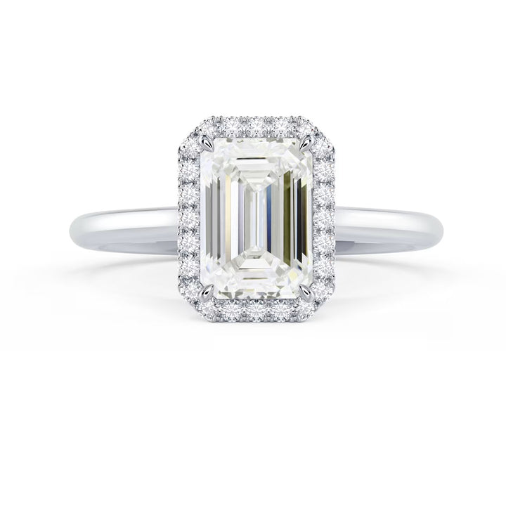 Front view of a 1.50CT emerald cut lab grown diamond halo solitaire engagement ring with E VS1 clarity center stone