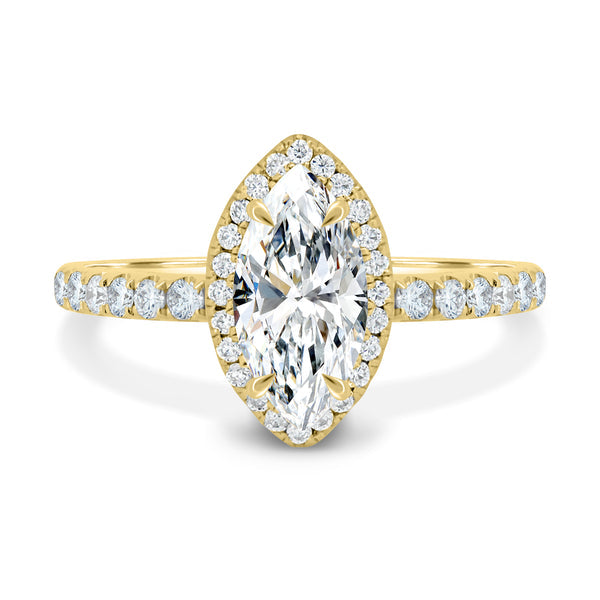 1.5 carat marquise halo cathedral pavé engagement ring lab grown diamond E VS2 USA