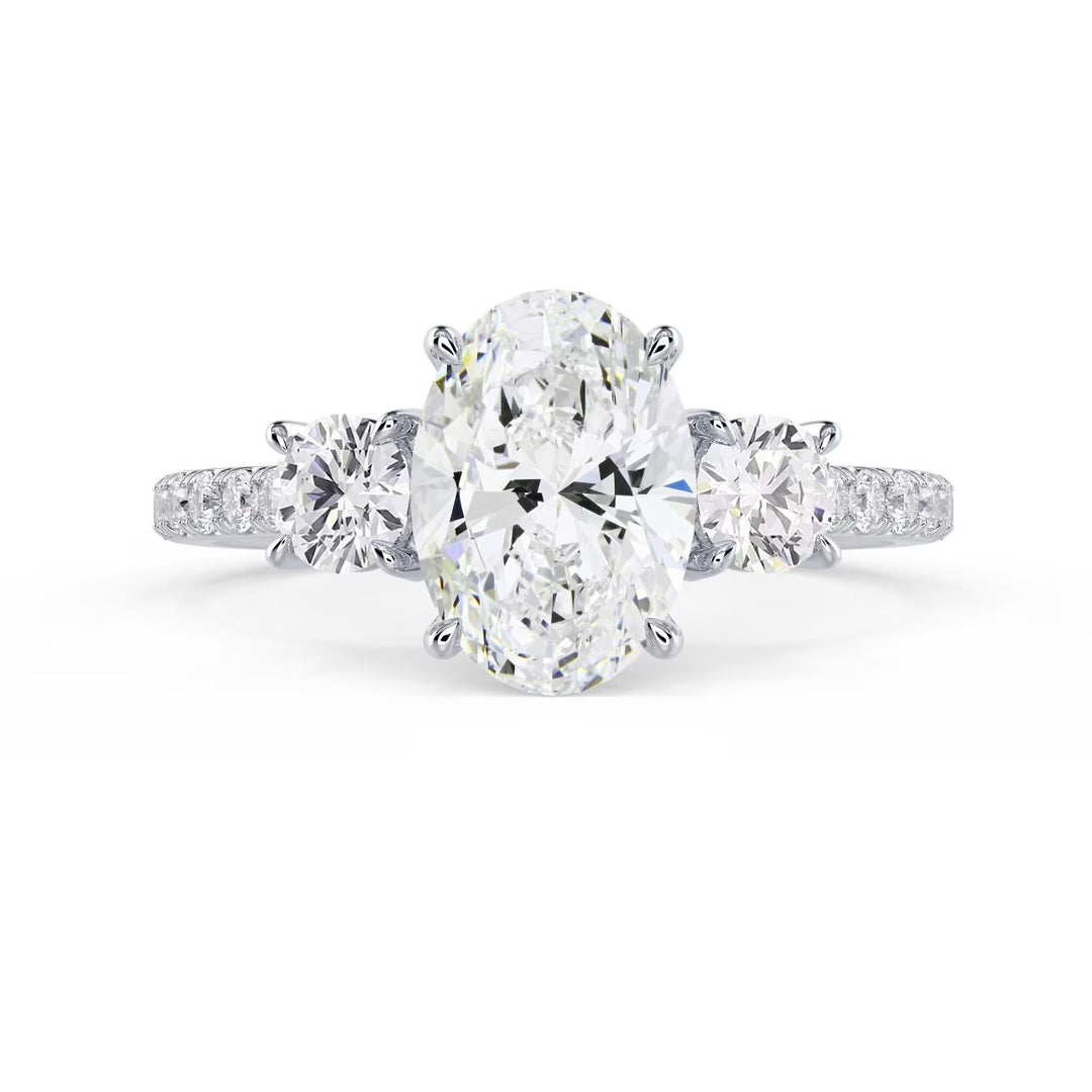 1.5 carat oval three stone pavé engagement ring lab grown diamond E VS1 USA