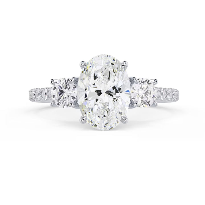 1.5 carat oval three stone pavé engagement ring lab grown diamond E VS1 USA