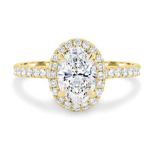 1.5 carat oval halo cathedral pavé engagement ring lab grown diamond E VS USA