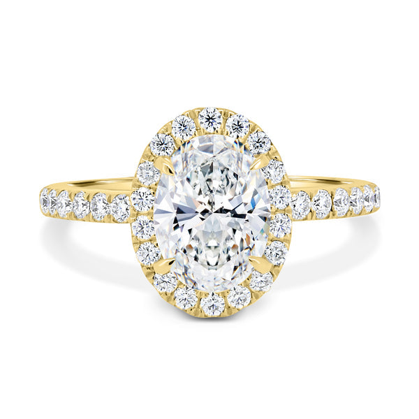 oval halo pavé lab grown diamond engagement ring 1.50 carat E VS USA