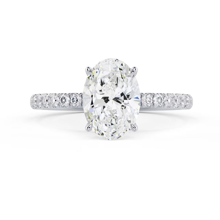 Front view of a 1.50CT oval cut lab diamond pave engagement ring with E VS2 clarity center stone