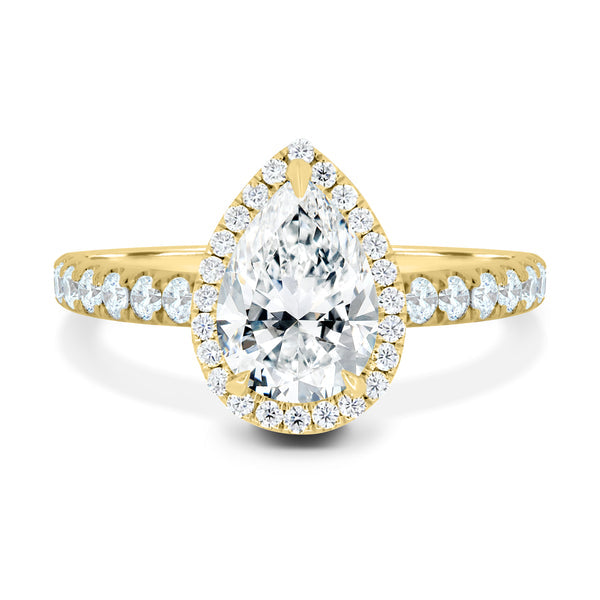 1.5 carat pear halo pavé engagement ring lab grown diamond E VS2 USA