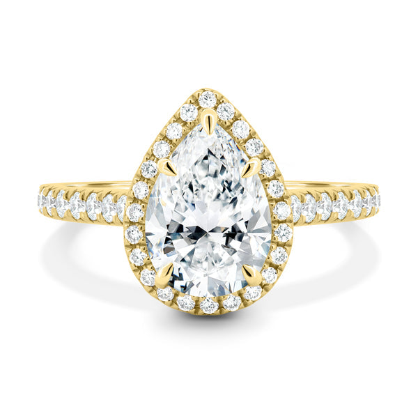 pear halo cathedral pavé lab grown diamond engagement ring 1.50 carat E VS2 USA