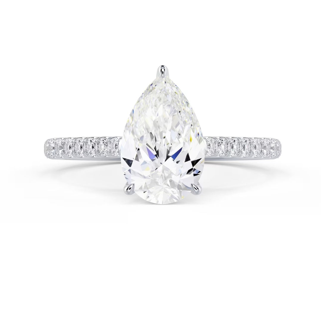 pear lab diamond cathedral engagement ring pavé